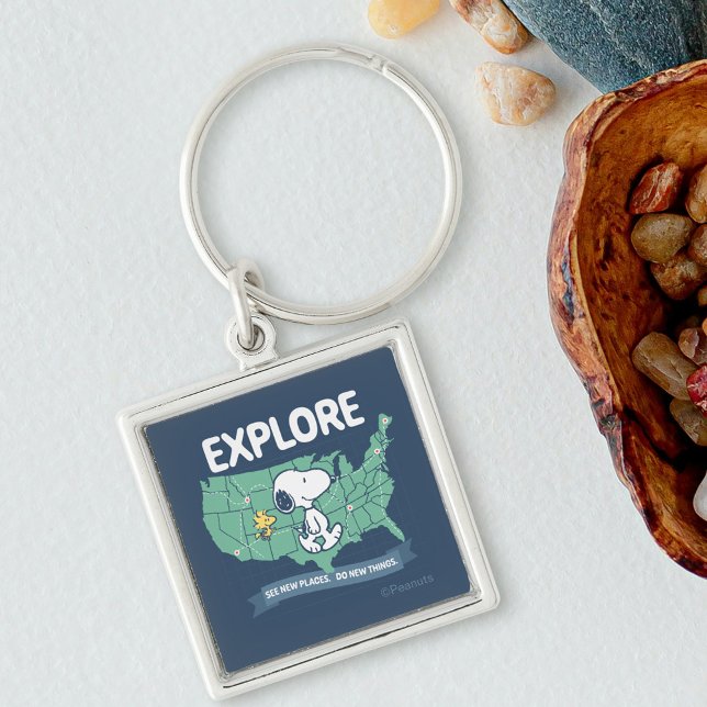 Road Trippin | Peanuts Explore Keychain (Keychain on table)