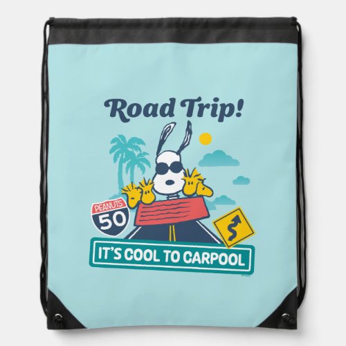Road Trippin  Peanuts Its Cool To Carpool Drawstring Bag