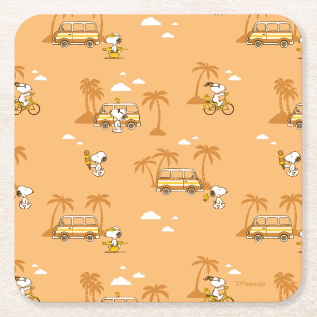 Road Trippin | Peanuts Snoopy Beach Pattern Square Paper Coaster (Front)