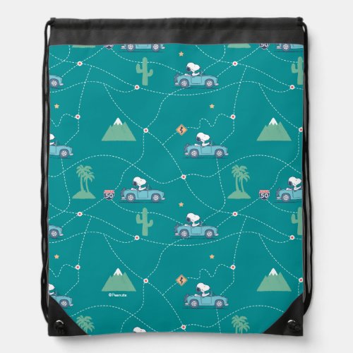 Road Trippin  Peanuts Snoopy Road Trip Pattern Drawstring Bag