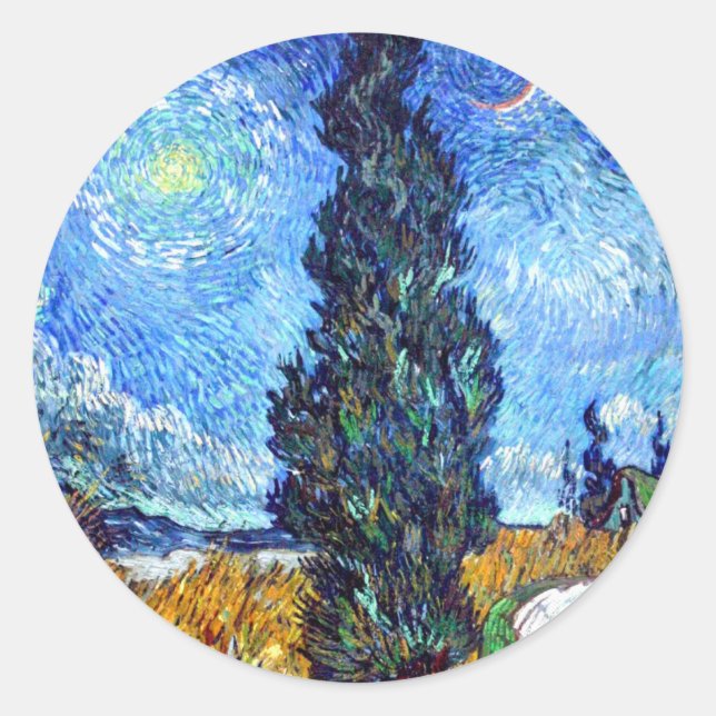 Road with Cypress and Star (1890) Van Gogh Art Classic Round Sticker (Front)