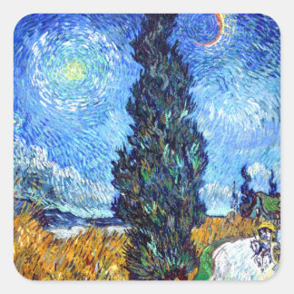 Road with Cypress and Star landscape art Van Gogh Square Sticker
