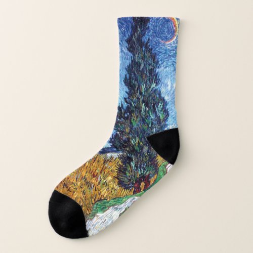 Road with Cypress and Star _ Van Gogh night art Socks