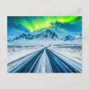 Road with Mountains and Northern Lights at Night Holiday Postcard