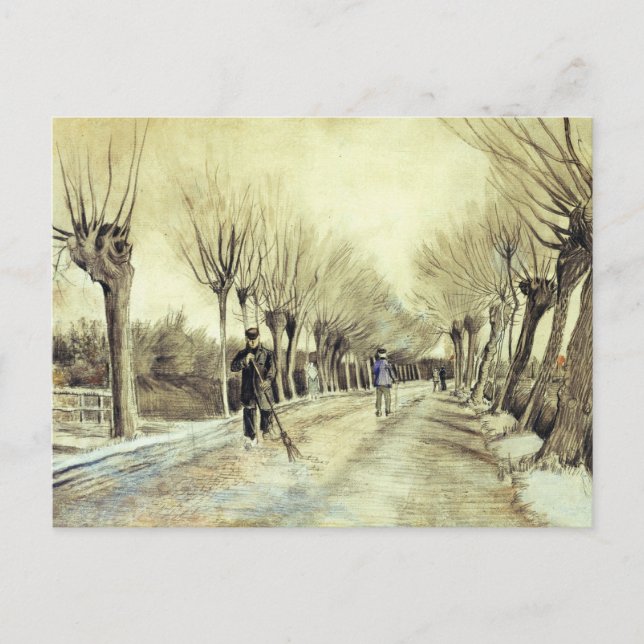Road with Pollarded Willows and a Man with a Broom Postcard (Front)