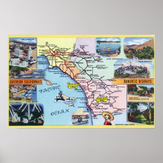 Roadmap of Southern CA Romantic Highways Poster (Front)