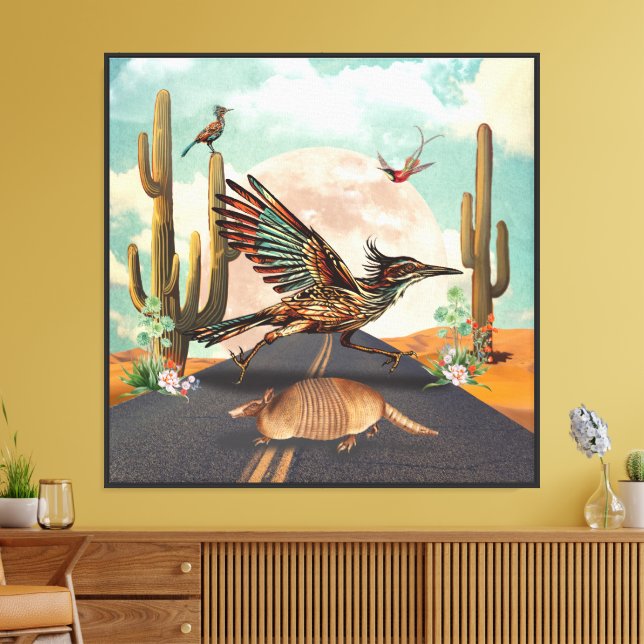 Roadrunner Cactus Moon Surreal Collage Canvas Print (Insitu(LivingRoom))