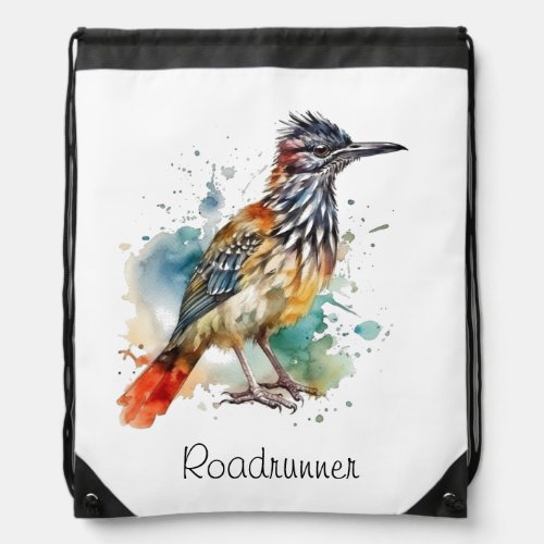 Roadrunner in vibrant watercolor drawstring bag