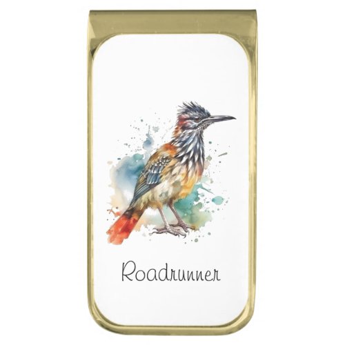 Roadrunner in vibrant watercolor gold finish money clip