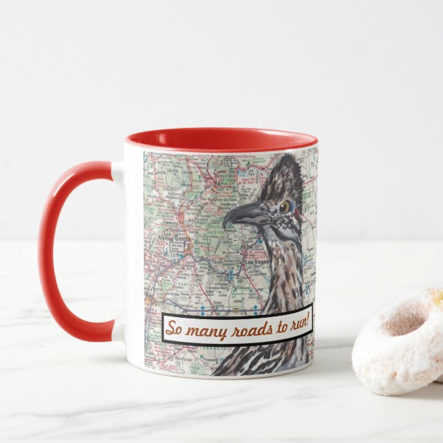 Roadrunner New Mexico Map Santa Fe Humor Highways Mug (With Donut)