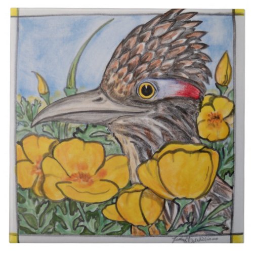 Roadrunner wCalifornia Poppy Wildlife Yellow Art Ceramic Tile