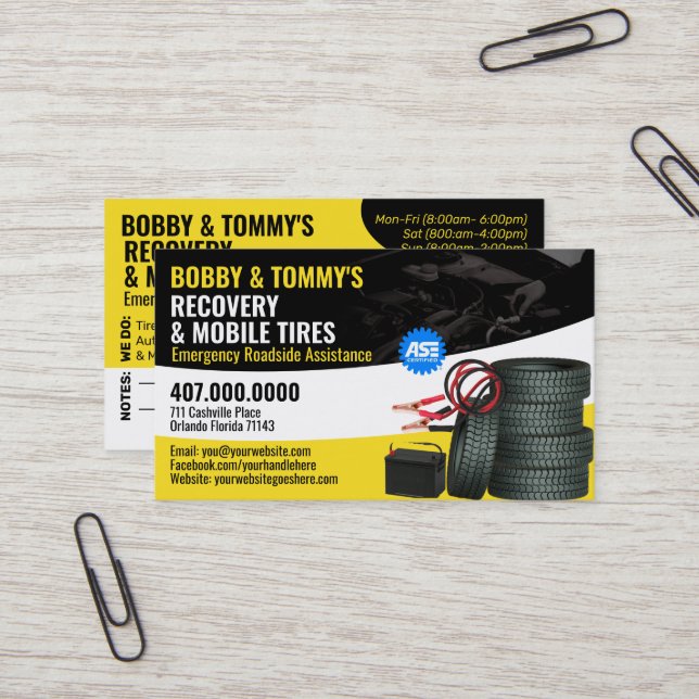 Roadside Emergency Recovery Auto Repair Business Card (Front/Back In Situ)
