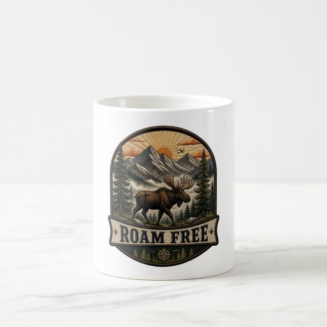 Roam Free Moose Embroidered Patch Design Coffee Mug (Center)