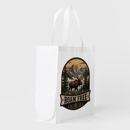 Roam Free Moose Embroidered Patch Design Grocery Bag