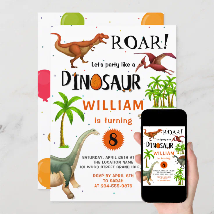 Roar Boys Dinosaur Birthday Jungle Party Invitation | Zazzle