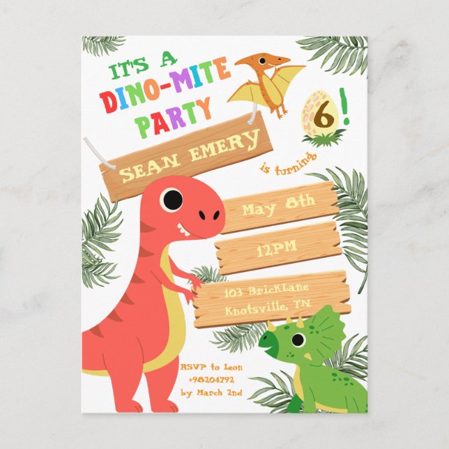 Roar Color: Stunning Dinosaur Birthday Invitation Postcard (Front)