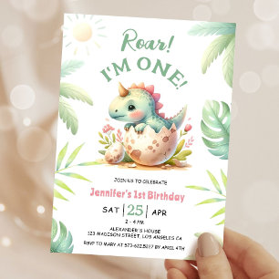 Roar Cute Dinosaur Girl 1st Birthday Invitation