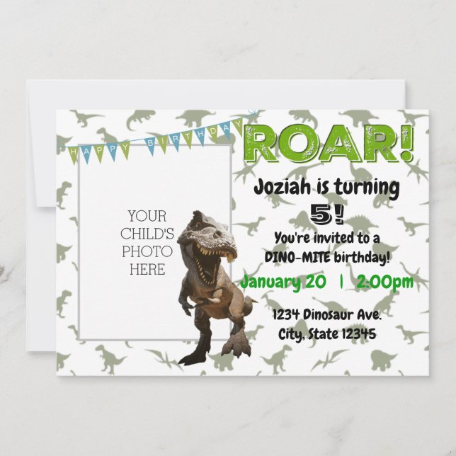 ROAR Dino-Mite Dinosaur Birthday Party Invitation (Front)