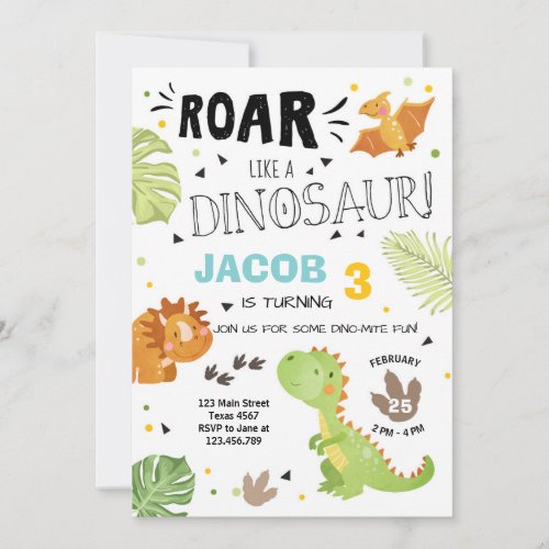 Roar Dinosaur birthday invitation Dino Party Boy
