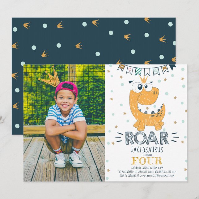 ROAR Dinosaur Birthday Photo Invitation (Front/Back)