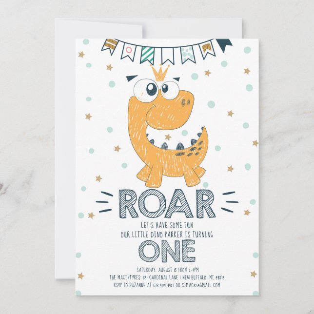 ROAR Dinosaur First Birthday Invitation (Front)
