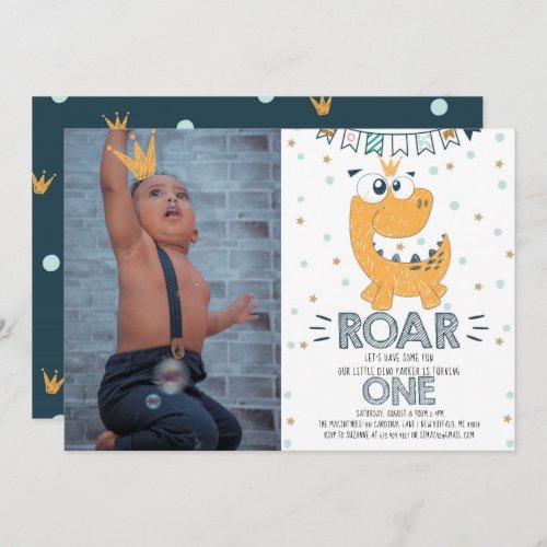 ROAR Dinosaur First Birthday Photo Invitation