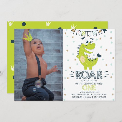 ROAR Dinosaur First Birthday Photo Invitation