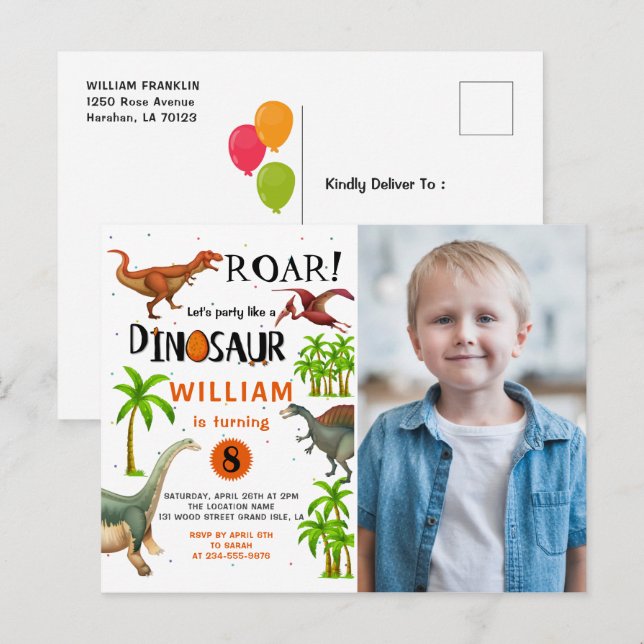 Roar Dinosaur Jungle Birthday Photo Invitation Postcard (Front/Back)