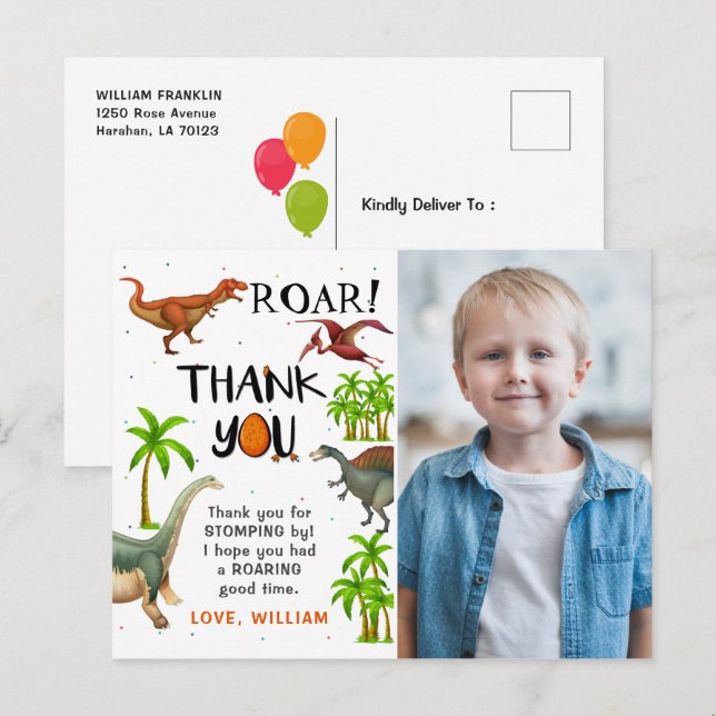 Roar Dinosaur Jungle Birthday Photo Thank You Postcard (Front/Back)