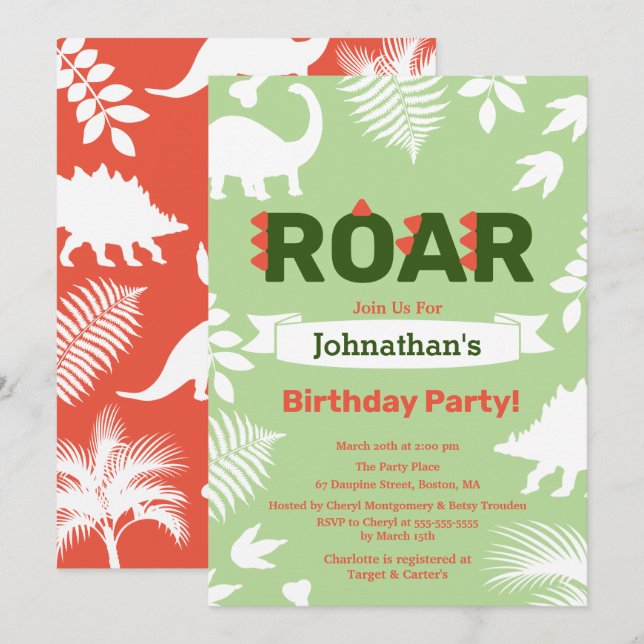 Roar Dinosaur & Jungle Foliage Birthday Invitation (Front/Back)