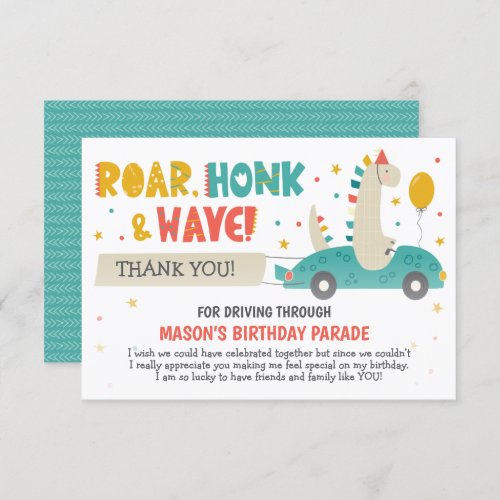 Roar Dinosaurs Drive By Birthday  Thank You Card