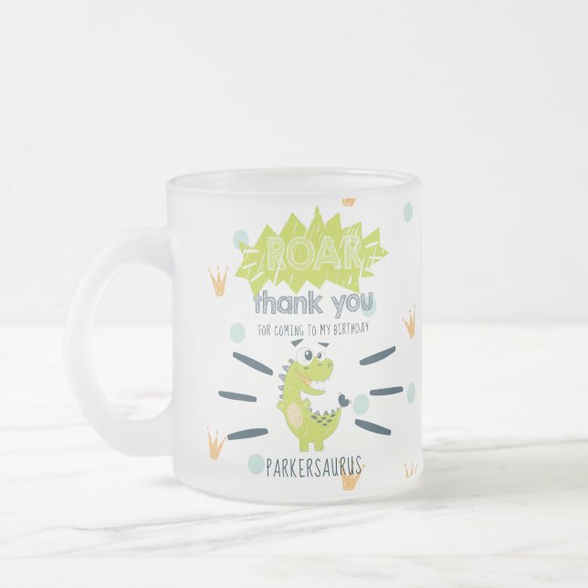ROAR Green Dinosaur Birthday Favor Personalized Frosted Glass Coffee Mug (Left)