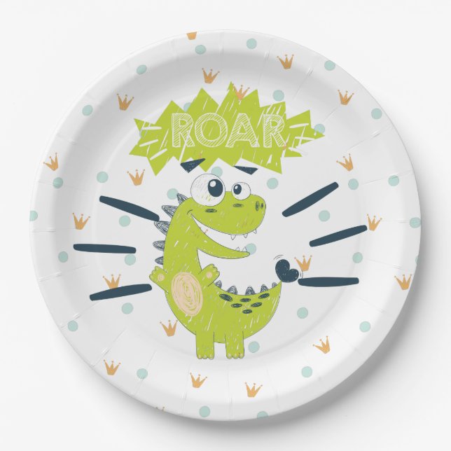 ROAR green Dinosaur Birthday Paper Plate (Front)