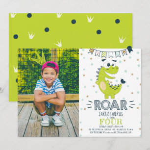 ROAR green Dinosaur Birthday Photo Invitation