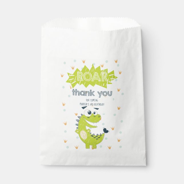 ROAR Green Dinosaur Birthday Thank you Favor Bag (Front)