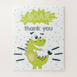 ROAR green Dinosaur Birthday Thank you Favor Jigsaw Puzzle
