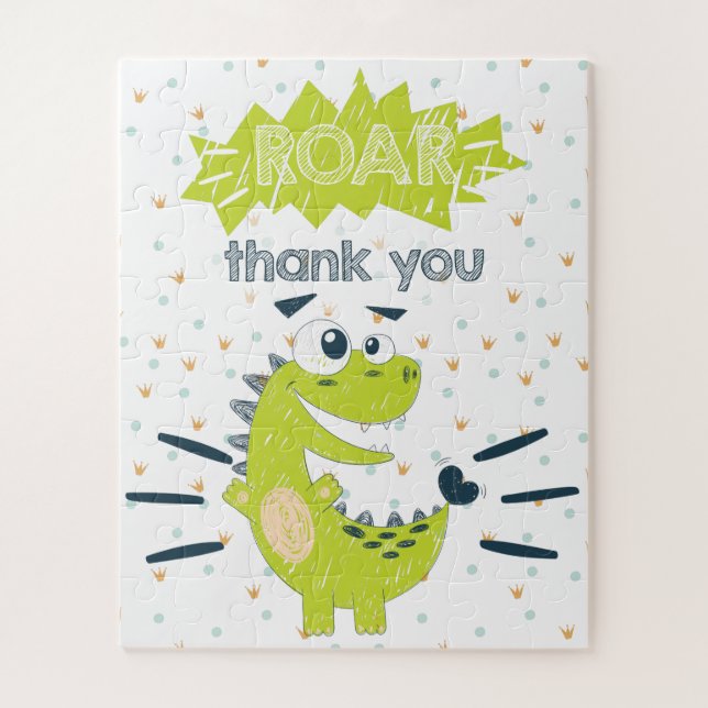 ROAR green Dinosaur Birthday Thank you Favor Jigsaw Puzzle (Vertical)