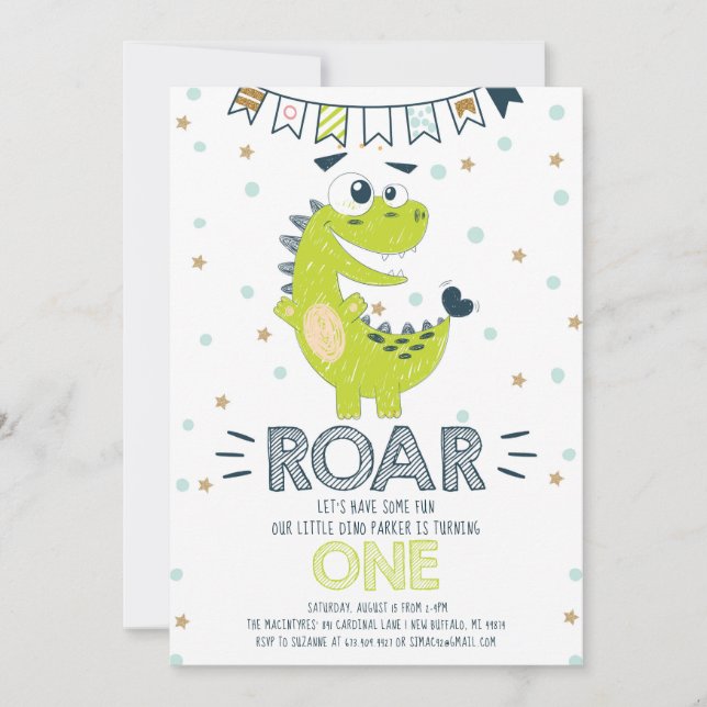 ROAR Green Dinosaur First Birthday Invitation (Front)