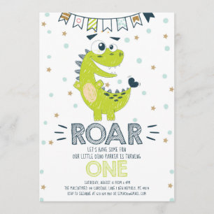 ROAR Green Dinosaur First Birthday Invitation