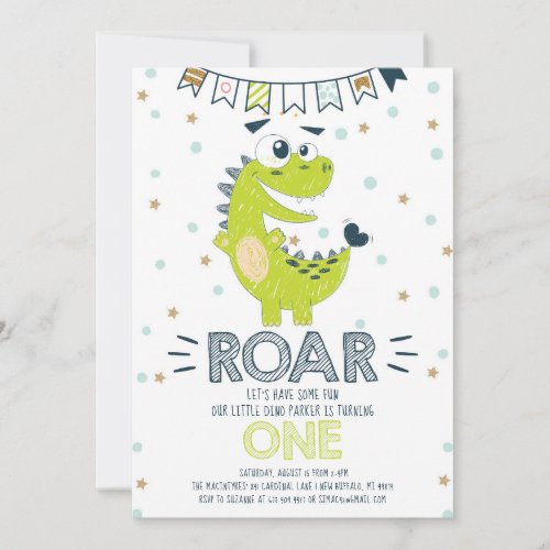 ROAR Green Dinosaur First Birthday Invitation