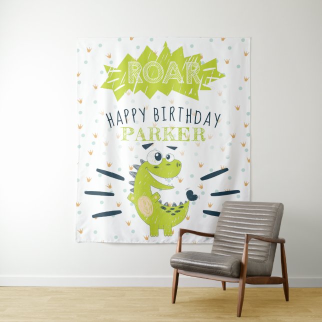 ROAR Green Dinosaur Happy Birthday Personalized Tapestry (In Situ)
