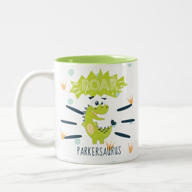 ROAR Green Dinosaur Personalized Two-Tone Coffee Mug (Left)