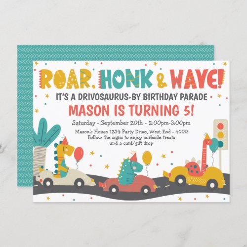 Roar Honk and Wave Dinosaurs Drive By Birthday Invitation