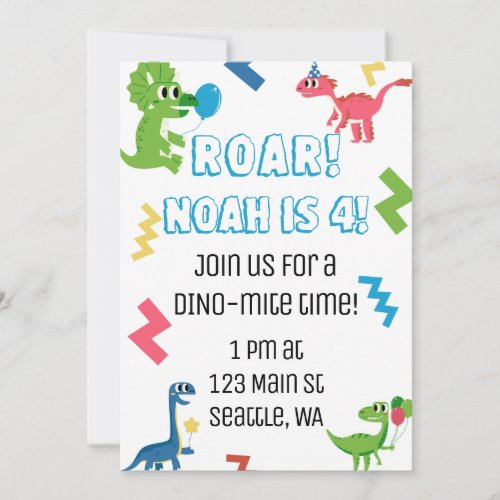 Roar Im 4 Dinosaur Birthday Party Invitation