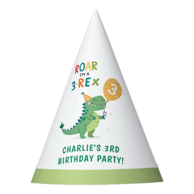 Roar I'm a 3-Rex Kids Third Birthday Party Hat (Front)