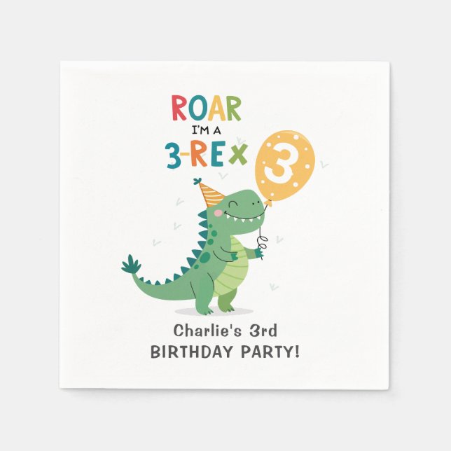 Roar I'm a 3-Rex Kids Third Birthday Party Napkins (Front)