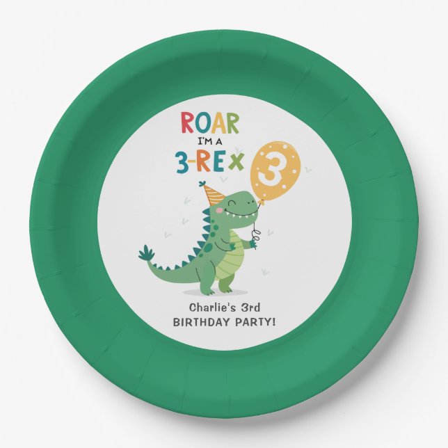 Roar I'm a 3-Rex Kids Third Birthday Party Paper Plates (Front)