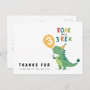 Roar I'm a 3-Rex Kids Third Birthday Thank You Postcard