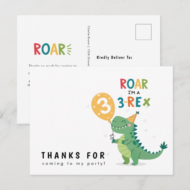 Roar I'm a 3-Rex Kids Third Birthday Thank You Postcard (Front/Back)