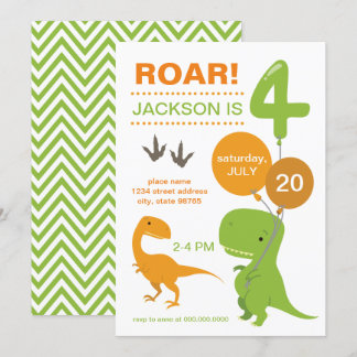 Roar I'm Four Green Dinosaur Fourth Birthday Invitation